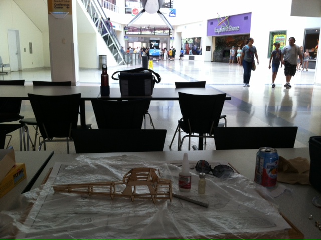 My spot in the food court.  Where I was sitting a Monocoupe, and a Wright 1902 glider replica were suspended from the ceiling over my head.